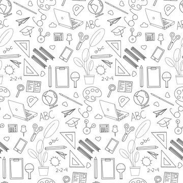 back to school line sketch vector seamless doodle pattern gray icons on a white background hand drawn