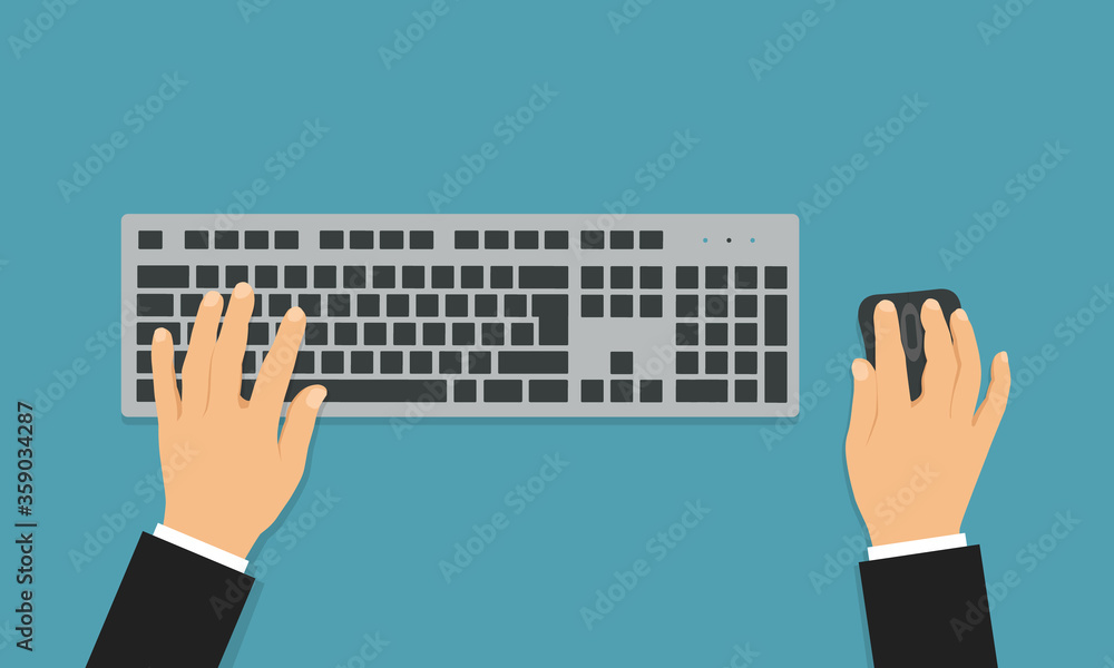 Poster flat design illustration of office desk with wireless keyboard and mouse. hands of a manager writing