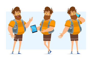 Obraz premium Cartoon flat funny bearded fat hipster man character in jeans jerkin and sunglasses. Ready for animation. Boy talking on phone and holding smart tablet. Isolated on blue background. Vector icon set.