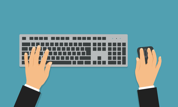 Flat design illustration of office desk with wireless keyboard and mouse. Hands of a manager writing a text, vector