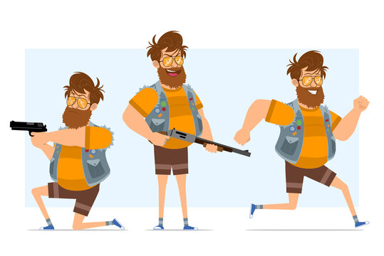 Cartoon flat bearded fat hipster man character in jeans jerkin and sunglasses. Ready for animation. Boy running and shooting from shotgun and pistol. Isolated on blue background. Vector icon set.