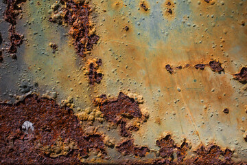 Rusty steel sheet with a hole and flaky paint