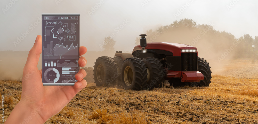 Aufkleber a farmer controls an autonomous tractor through a smartphone mobile application