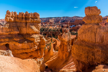 Bryce Canyon, Utah viewed through natural rock hoodoos in Springtime