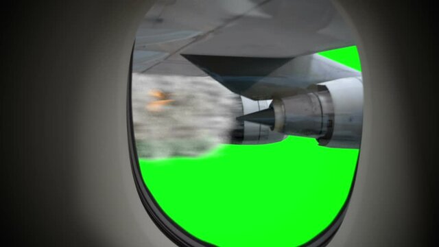 Emergency landing of a airplane with left engine on fire. Concept of aerial accident. green screen