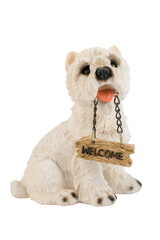 Ceramic figurine of a white dog holding a sign with the inscription welcome on a white background, isolated