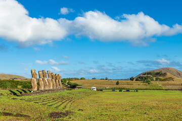 Seven Ahu Akivi Moai, which are the only Moai to face the sea. Easter Island.