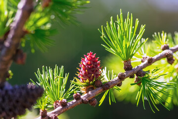 Bright green fluffy branches with cones of larch tree Larix decidua Pendula in summer day. - obrazy, fototapety, plakaty