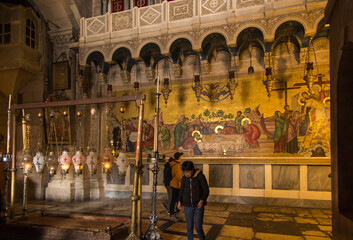 JERUSALEM, ISRAEL - January 29, 2020: Church of the Holy Sepulchre, The Stone of Anointing, where...