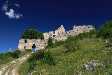 Fototapeta na wymiar Castle ruins of Topolcany, old castle breakaway in Slovakia. Tourist attraction, tourism destination. Slovak historical castles, chateaus and churches.