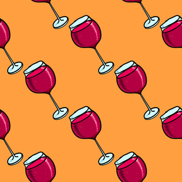 Cute vector seamless pattern with wine glasses. Hand drawn doodle style illustration on beige background. Design for bar, cafe, restaurant, drink menu, printed materials.
