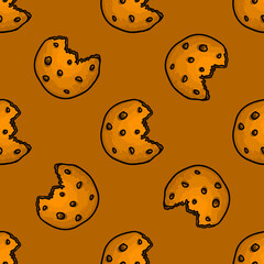 Seamless pattern with delicious chocolate chip doodle hand-drawn cookies. Seamless cartoon cookies pattern. Sketch style vector illustration on orange background.