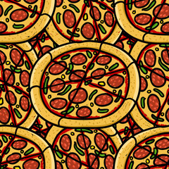 Trendy pizza pattern with hand drawn pizza. Cute vector colorful pizza pattern. Seamless pizza pattern for fabric, wallpapers, wrapping paper, cards and web backgrounds.