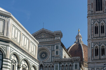 Details of Cathedral of Saint Mary of the Flower, called Cattedrale di Santa Maria del Fiore in Florence Tuscany. Also known Cathedral of Florence or Duomo Di Firenze.