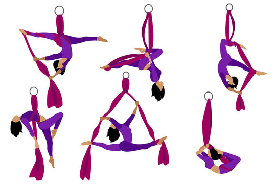 Set. Aerial with silk ribbon and hammock. Girl. Aerial Yoga. Stretching exercises.