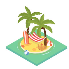 Summer holidays isometric illustration. Stock vector. Colorful beach with palm trees, beach hammock, surfboard, swimming circle and sand castle. Summer time concept.