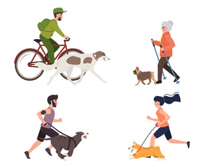 Sport and activity with dogs flat illustration. Stock vector. People running, walking and riding bicycle with dog in park, healthy lifestyle.