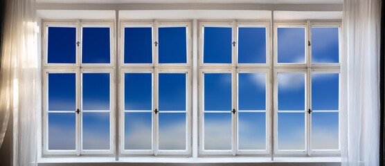 View of blur blue sky background through old window concept. Vintage white window