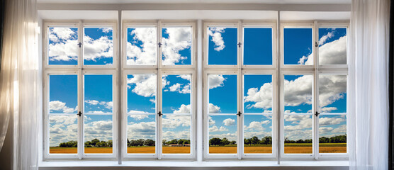 View of green, nature and blue sky background through old window concept. Retro white window