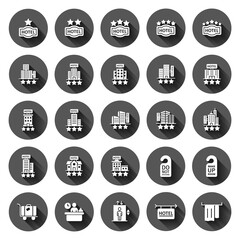 Hotel icon set in flat style. Booking vector illustration on black round background with long shadow effect. Vacation reservation circle button business concept.