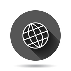Obraz premium Earth planet icon in flat style. Globe geographic vector illustration on black round background with long shadow effect. Global communication circle button business concept.