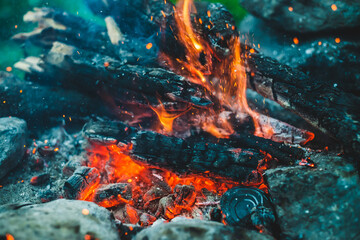 Fototapeta na wymiar Vivid smoldered firewoods burned in fire close-up. Atmospheric background with orange flame of campfire. Full frame image of bonfire. Warm whirlwind of glowing embers and ashes in air. Sparks in bokeh