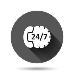 Phone service 24/7 icon in flat style. Telephone talk vector illustration on black round background with long shadow effect. Hotline contact circle button business concept.