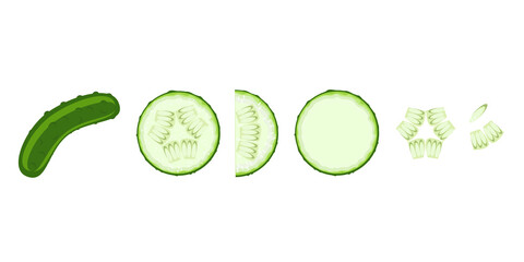 Cucumber. Cucumber in the cut. Collection. Sliced ​​into wedges. Slices of cucumber for cooking. It can be used to collect vegetables, in cooking, magazines, recipes, cartoon illustrations.