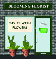 Say it with flowers poster in florist window with a rude range of plants to send to people you dislike