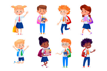 Vector children are going to school. Back to school illustration. Vector kids education illustration on white isolated background.