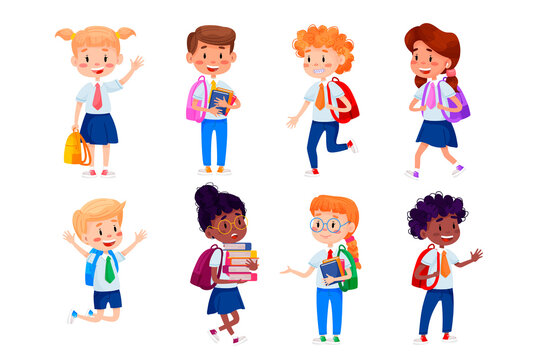 Vector children are going to school. Back to school illustration. Vector kids education illustration on white isolated background.