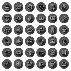 Business icon set in flat style. Finance investment vector illustration on black round background with long shadow effect. Financial currency circle button business concept.