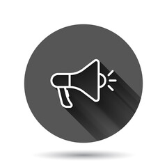 Megaphone speaker icon in flat style. Bullhorn sign vector illustration on black round background with long shadow effect. Scream announcement circle button business concept.