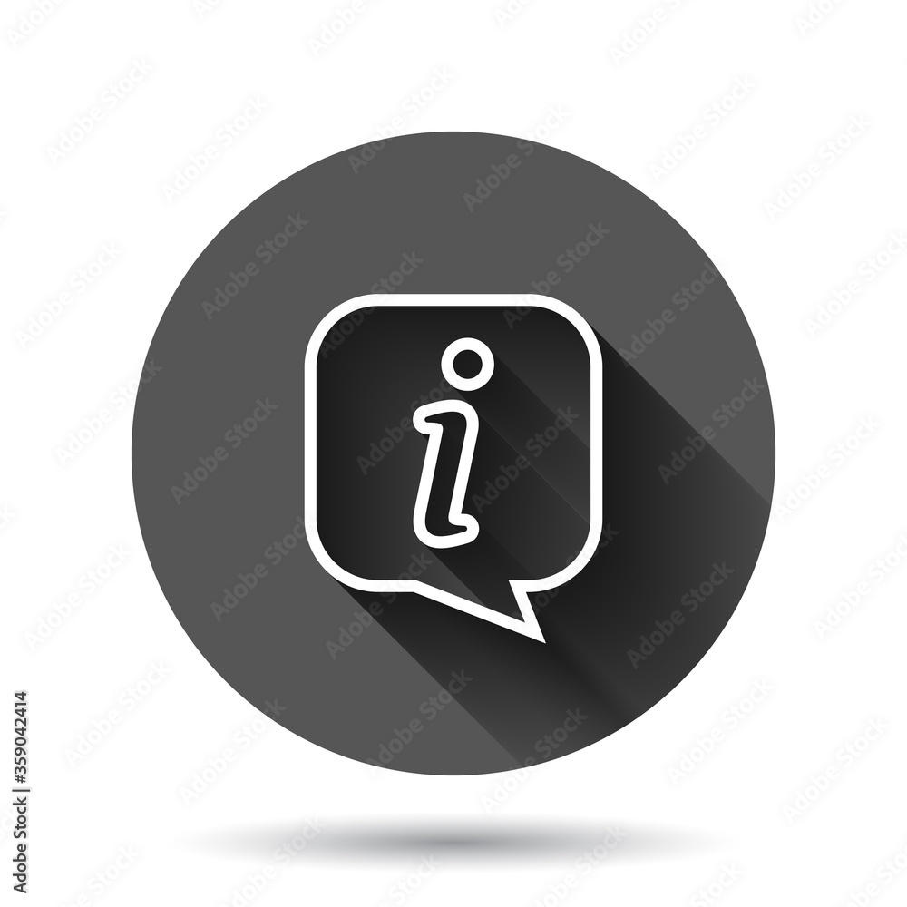 Aufkleber information icon in flat style. faq help vector illustration on black round background with long sha