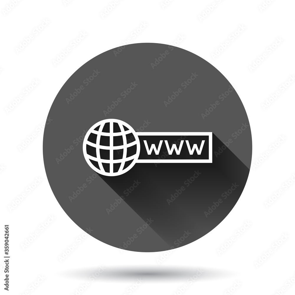 Aufkleber global search icon in flat style. website address vector illustration on black round background with