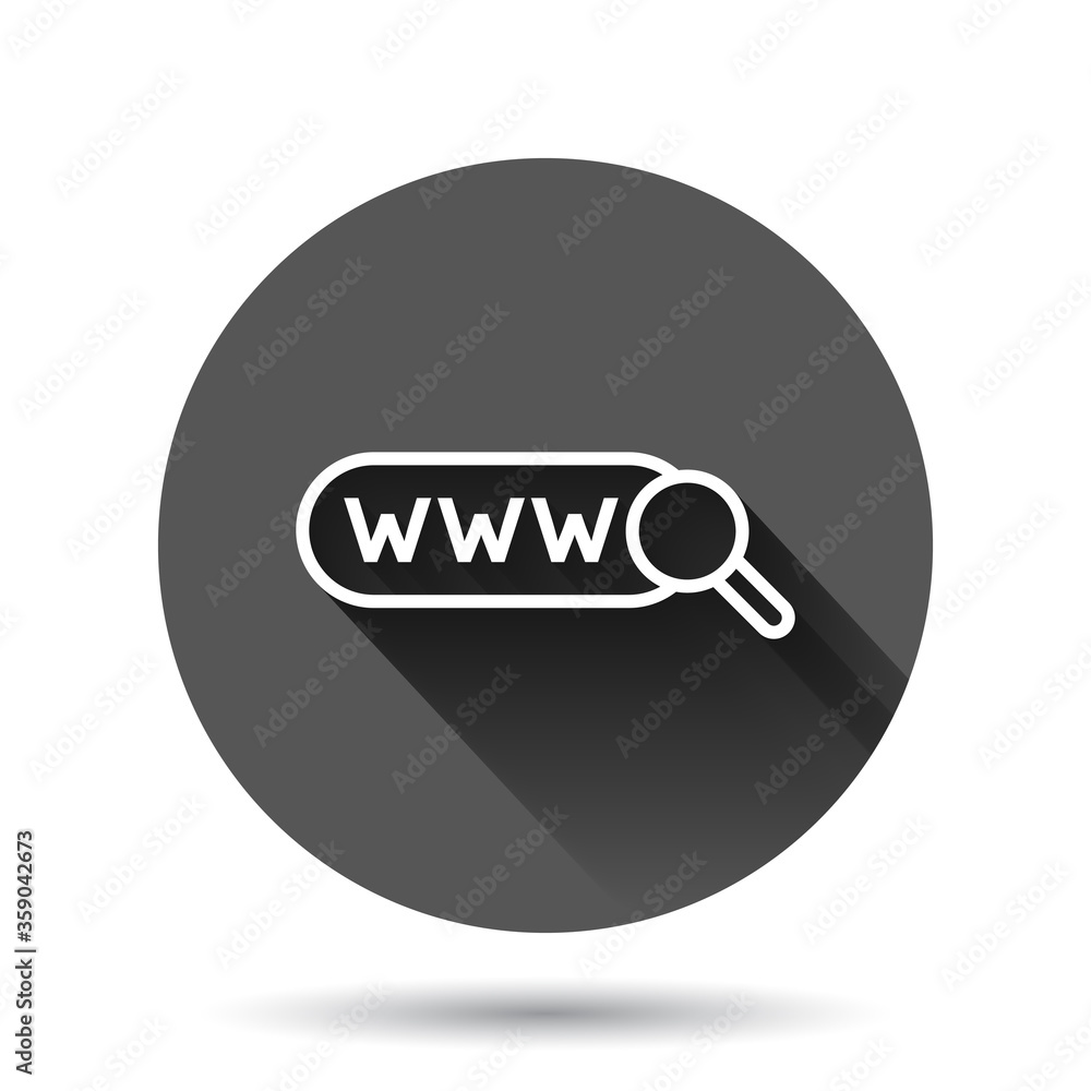 Aufkleber global search icon in flat style. website address vector illustration on black round background with