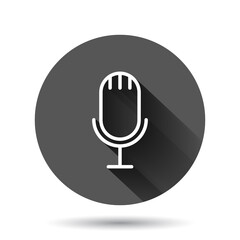 Microphone icon in flat style. Studio mike vector illustration on black round background with long shadow effect. Audio record circle button business concept.