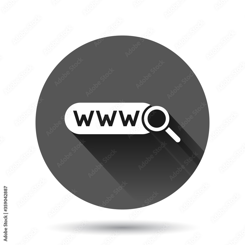 Aufkleber global search icon in flat style. website address vector illustration on black round background with