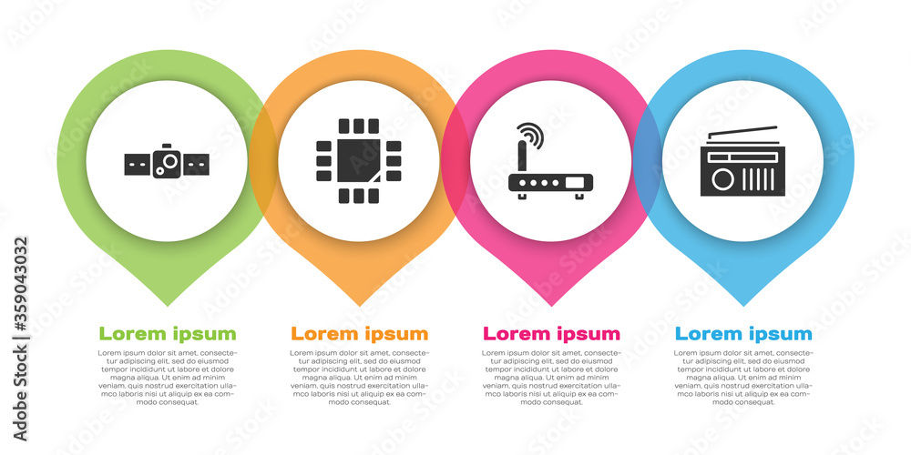 Poster set smartwatch, processor with microcircuits cpu, router and wi-fi signal and radio with antenna. bu