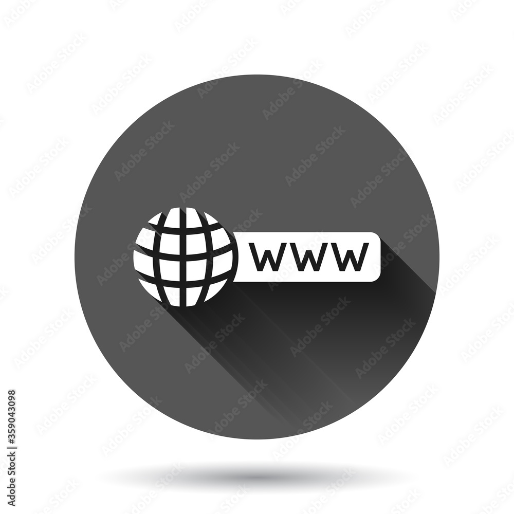 Poster global search icon in flat style. website address vector illustration on black round background with