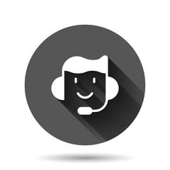 Helpdesk icon in flat style. Headphone vector illustration on black round background with long shadow effect. Chat operator circle button business concept.