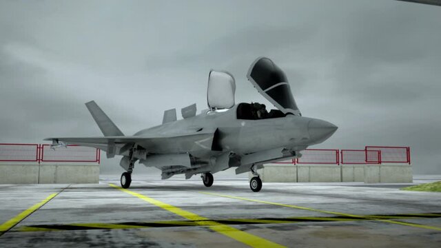 American USA air military base. jet fighter F-35 . Realistic CG animation