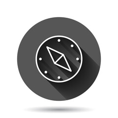 Compass icon in flat style. Navigation equipment vector illustration on black round background with long shadow effect. Journey direction circle button business concept.