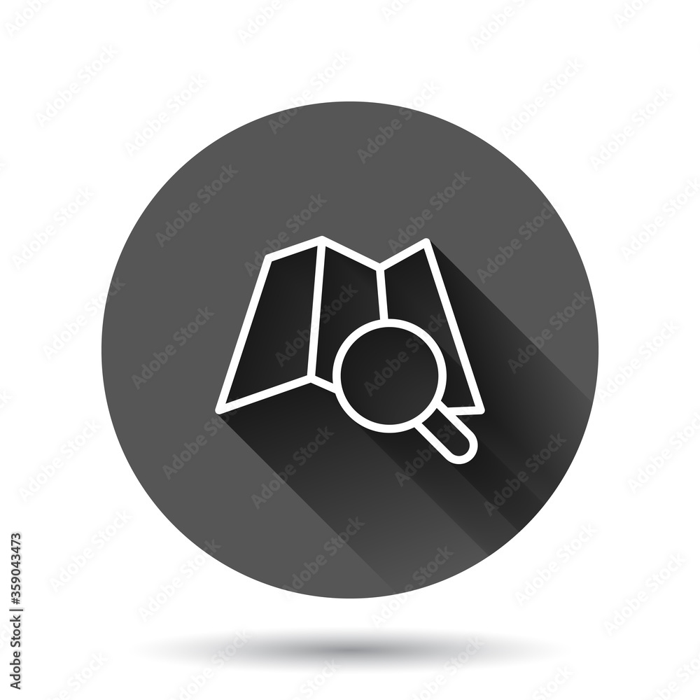 Poster map with magnifier icon in flat style. gps navigation vector illustration on black round background 