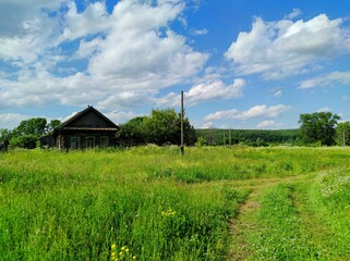 rural landscape with an old abandoned house among green grass and trees against a blue sky with...