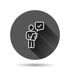 Organization management icon in flat style. People with check mark vector illustration on black round background with long shadow effect. Businessman circle button business concept.