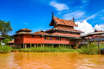 Fototapeta premium It's Beautiful view of the Inpawkhon village over the Inle Sap,a freshwater lake in the Nyaungshwe Township of Taunggyi District of Shan State, Myanmar