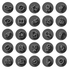 Approve icon set in flat style. Check mark vector illustration on black round background with long shadow effect. Tick accepted circle button business concept.