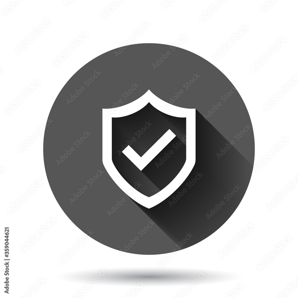 Poster shield with check mark icon in flat style. protect vector illustration on black round background wit