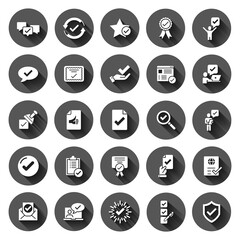 Approve icon set in flat style. Check mark vector illustration on black round background with long shadow effect. Tick accepted circle button business concept.